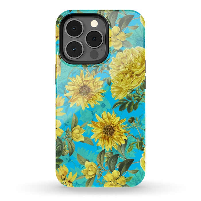 iPhone 13 pro StrongFit Sunflowers and Yellow Roses on Teal Pattern by  Utart