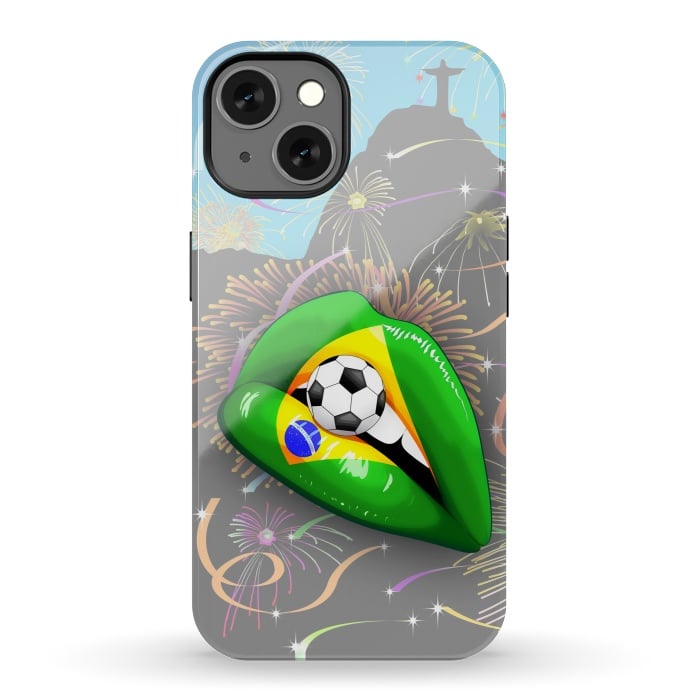 iPhone 13 StrongFit  Brazil Flag Lipstick Soccer Supporters on Sensual Woman's Lips by BluedarkArt