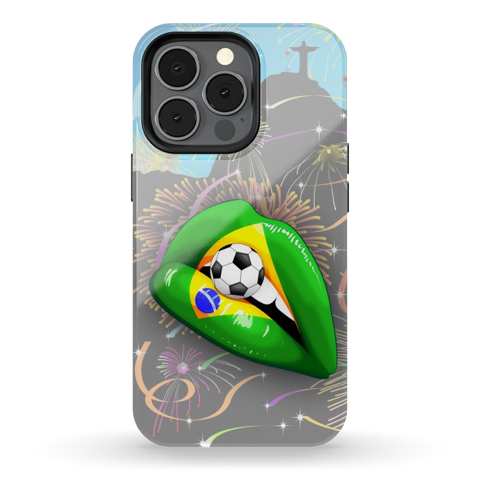 iPhone 13 pro StrongFit  Brazil Flag Lipstick Soccer Supporters on Sensual Woman's Lips by BluedarkArt