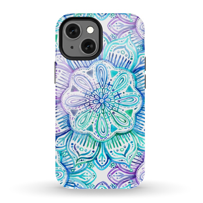 iPhone 13 mini StrongFit Iridescent Aqua and Purple Watercolor Mandala by Micklyn Le Feuvre