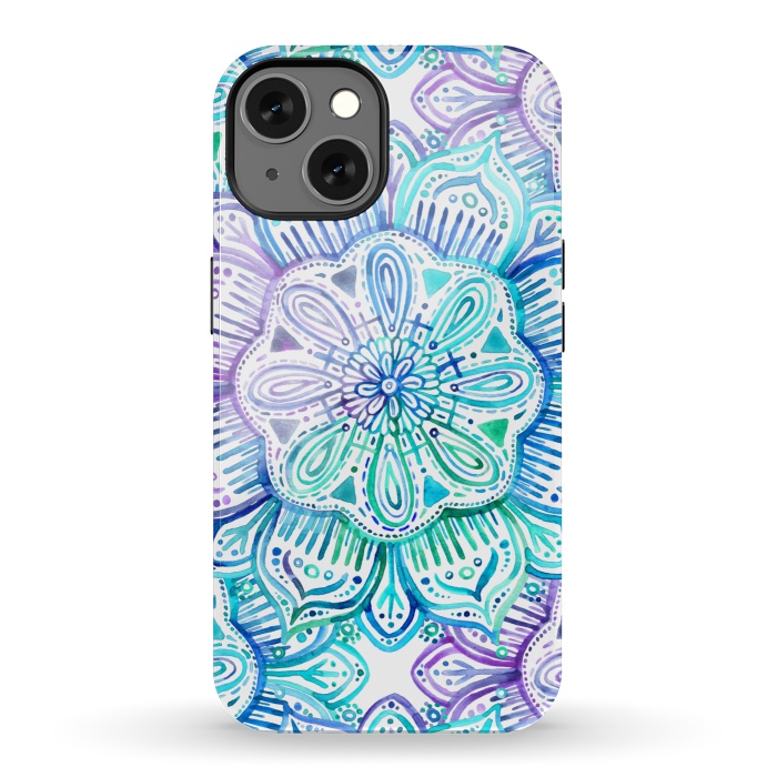 iPhone 13 StrongFit Iridescent Aqua and Purple Watercolor Mandala by Micklyn Le Feuvre