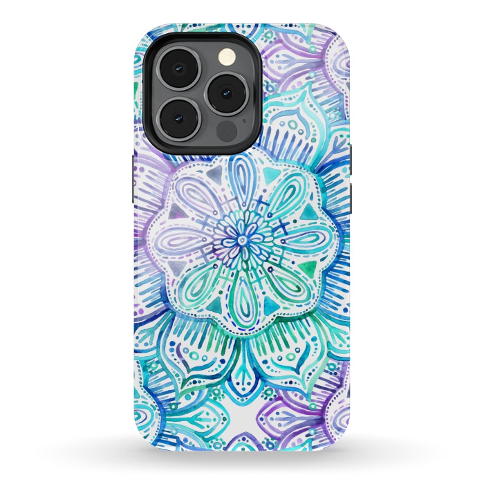 iPhone 13 pro StrongFit Iridescent Aqua and Purple Watercolor Mandala by Micklyn Le Feuvre