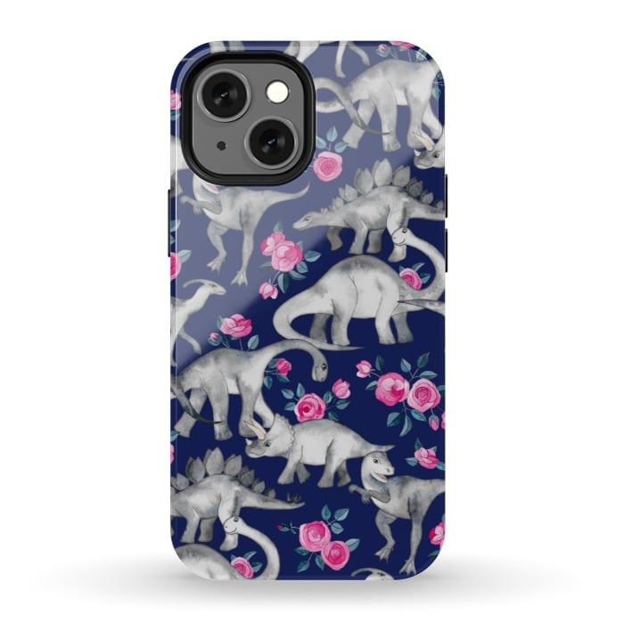 iPhone 13 mini StrongFit Dinosaurs and Roses on Dark Blue Purple by Micklyn Le Feuvre