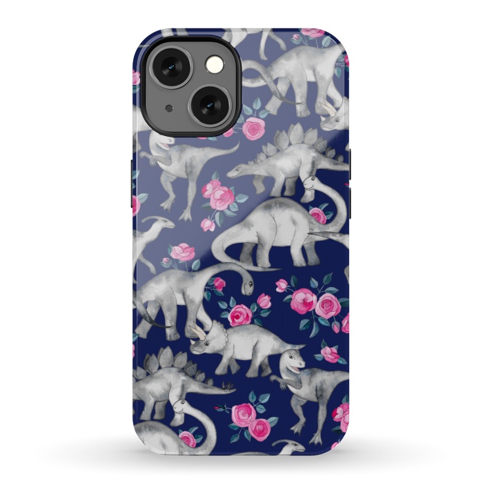 iPhone 13 StrongFit Dinosaurs and Roses on Dark Blue Purple by Micklyn Le Feuvre