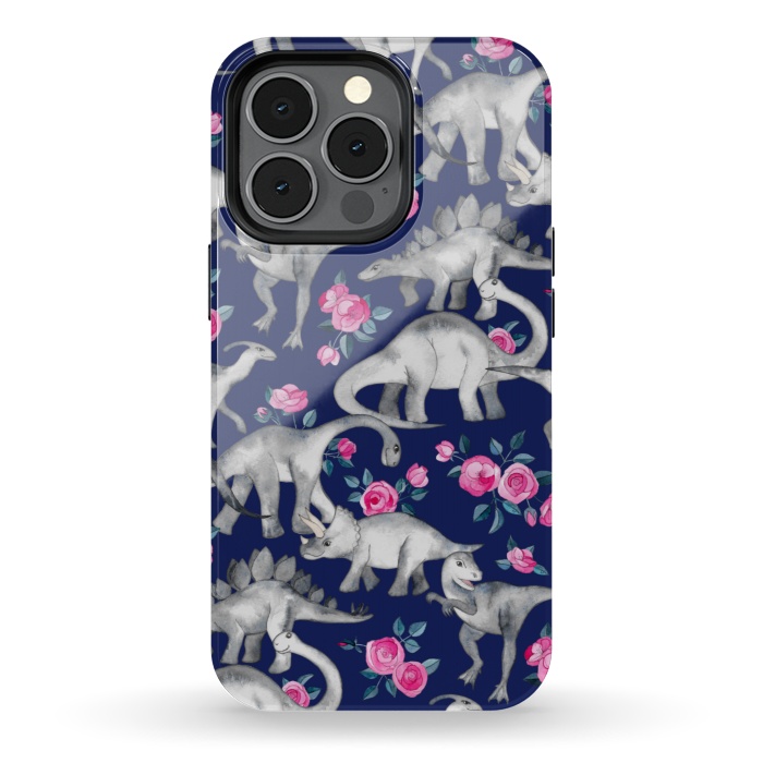 iPhone 13 pro StrongFit Dinosaurs and Roses on Dark Blue Purple by Micklyn Le Feuvre
