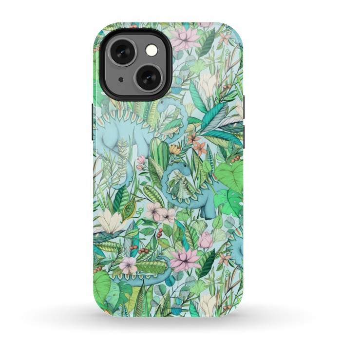 iPhone 13 mini StrongFit Summer Floral with Dinosaurs by Micklyn Le Feuvre