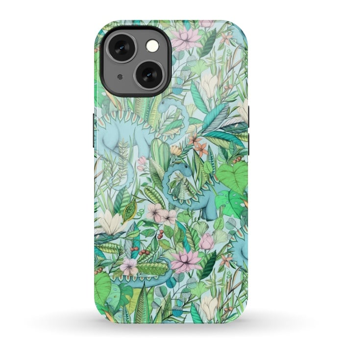 iPhone 13 StrongFit Summer Floral with Dinosaurs by Micklyn Le Feuvre