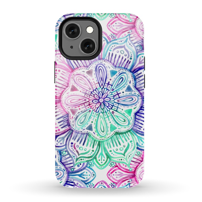 iPhone 13 mini StrongFit Watercolor Mandala in Mint, Magenta and Purple by Micklyn Le Feuvre