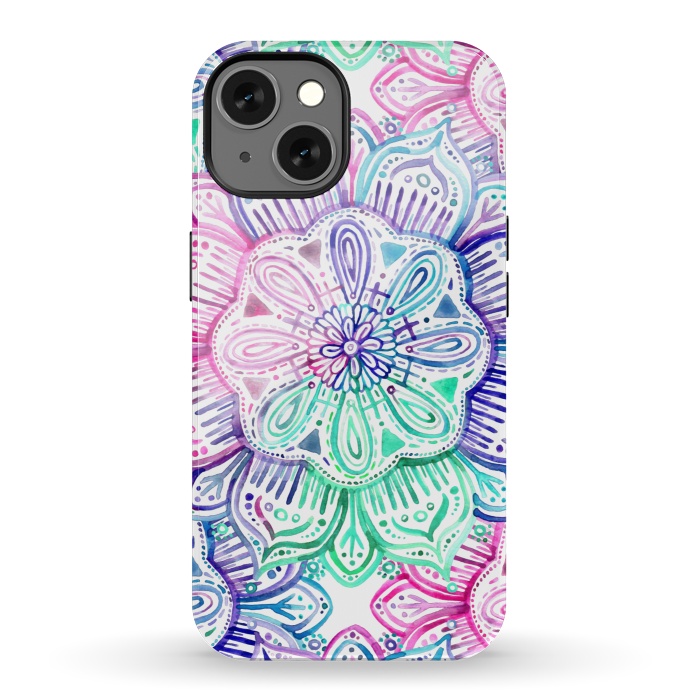 iPhone 13 StrongFit Watercolor Mandala in Mint, Magenta and Purple by Micklyn Le Feuvre