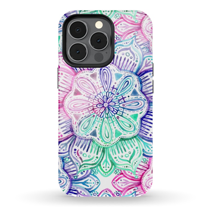 iPhone 13 pro StrongFit Watercolor Mandala in Mint, Magenta and Purple by Micklyn Le Feuvre