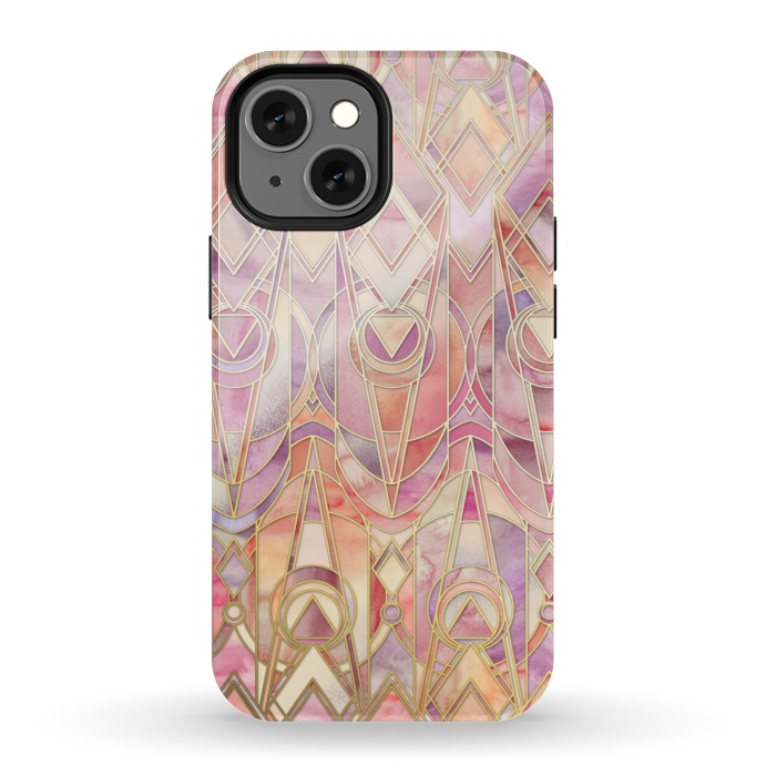 iPhone 13 mini StrongFit Glowing Coral and Amethyst Art Deco Pattern by Micklyn Le Feuvre