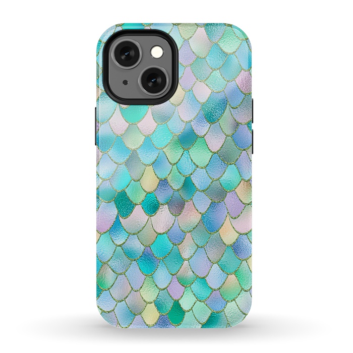 iPhone 13 mini StrongFit Teal and Green Wonky Metal Mermaid Scales by  Utart