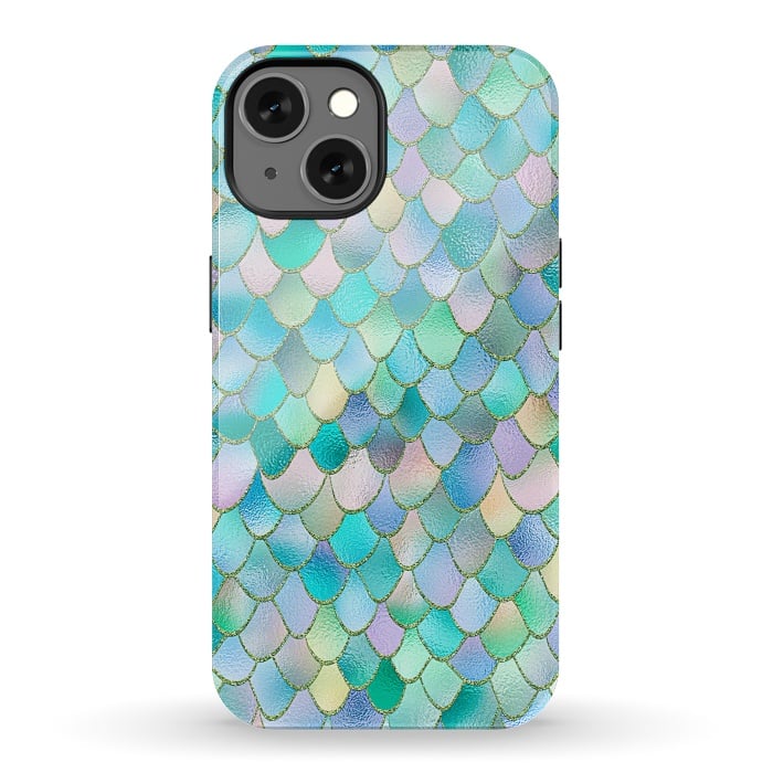 iPhone 13 StrongFit Teal and Green Wonky Metal Mermaid Scales by  Utart