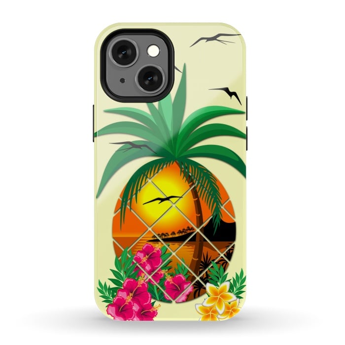 iPhone 13 mini StrongFit Pineapple Tropical Sunset, Palm Tree and Flowers by BluedarkArt