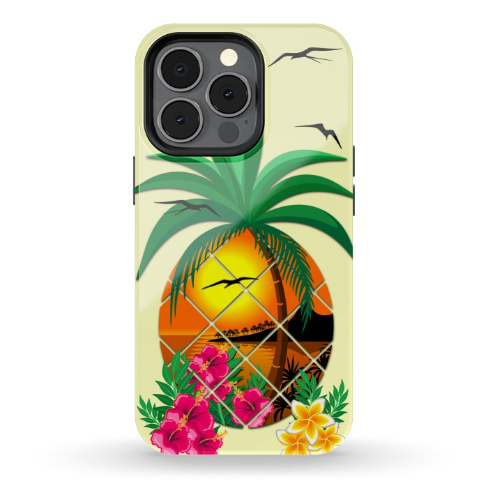 iPhone 13 pro StrongFit Pineapple Tropical Sunset, Palm Tree and Flowers by BluedarkArt