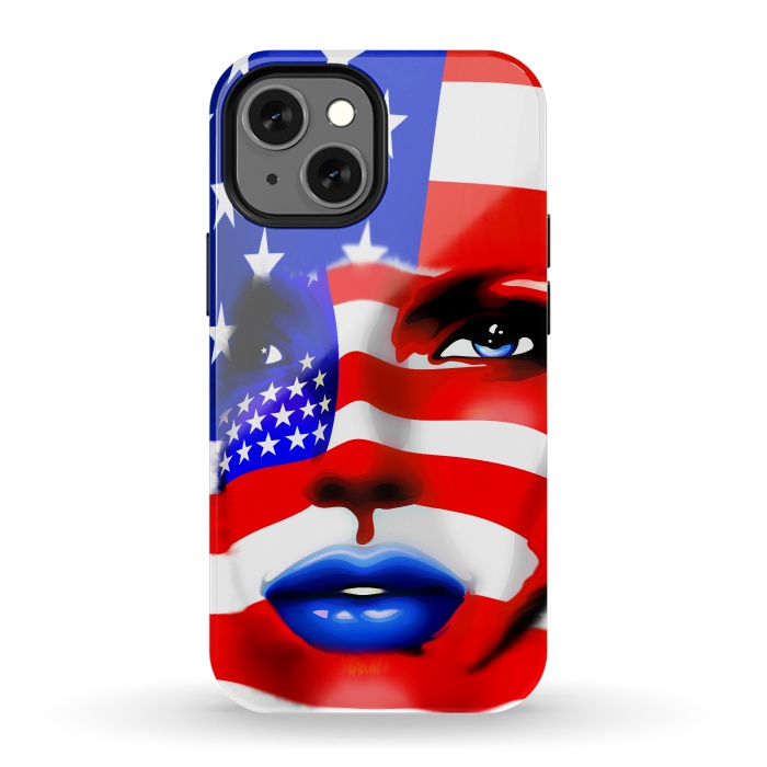 iPhone 13 mini StrongFit Usa Flag on Beatiful Girl's Face by BluedarkArt