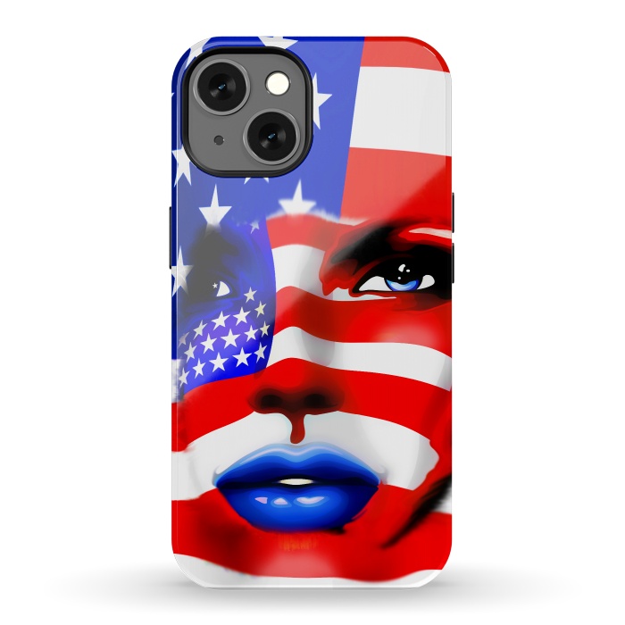iPhone 13 StrongFit Usa Flag on Beatiful Girl's Face by BluedarkArt