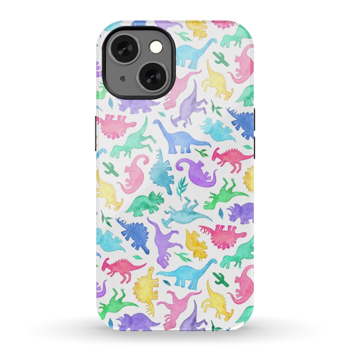 iPhone 13 StrongFit Ditsy Dinos in Bright Pastels on White by Micklyn Le Feuvre