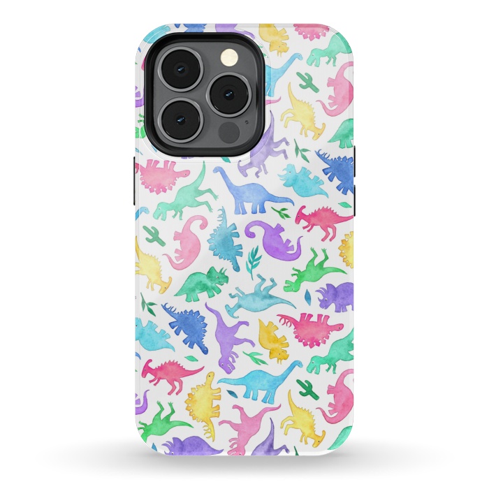 iPhone 13 pro StrongFit Ditsy Dinos in Bright Pastels on White by Micklyn Le Feuvre