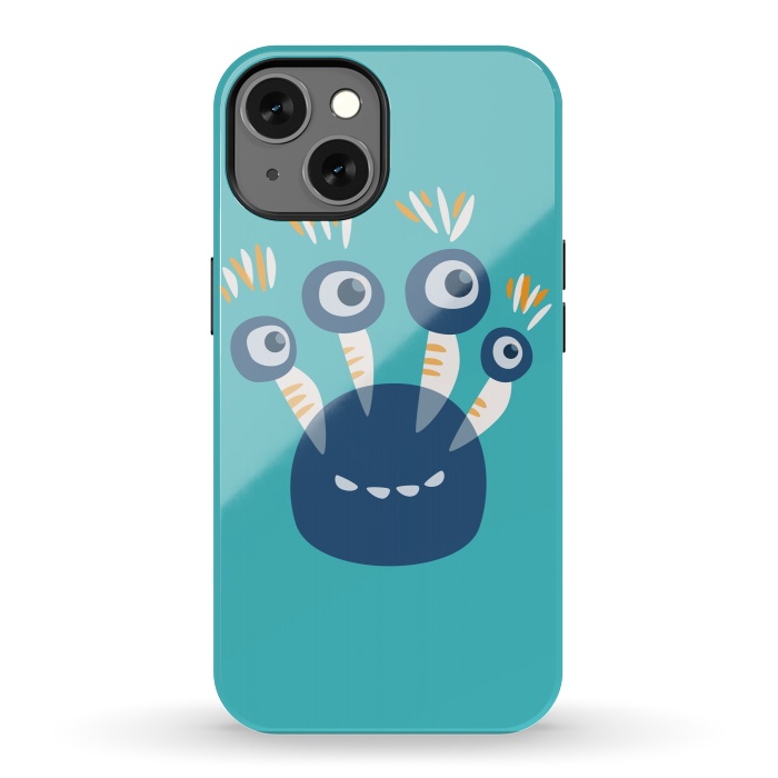 iPhone 13 StrongFit Cute Blue Cartoon Monster With Four Eyes by Boriana Giormova