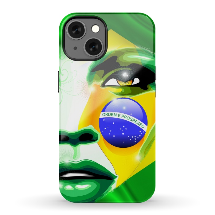 iPhone 13 StrongFit Brazil Flag Colors on Beautiful Girl Portrait by BluedarkArt