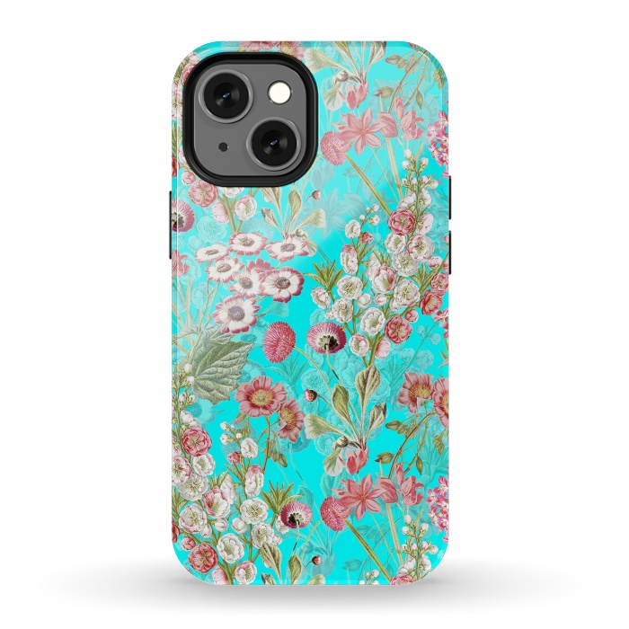 iPhone 13 mini StrongFit White & Pink Flowers on Teal by  Utart