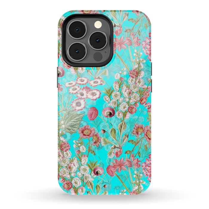 iPhone 13 pro StrongFit White & Pink Flowers on Teal by  Utart