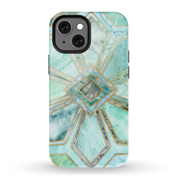 iPhone 13 mini StrongFit Geometric Gilded Stone Tiles in Mint and Jade Green by Micklyn Le Feuvre