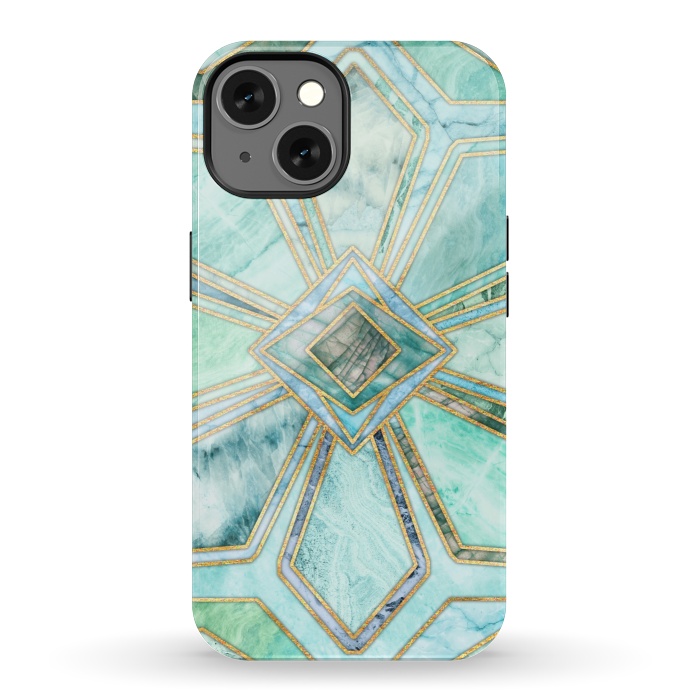 iPhone 13 StrongFit Geometric Gilded Stone Tiles in Mint and Jade Green by Micklyn Le Feuvre