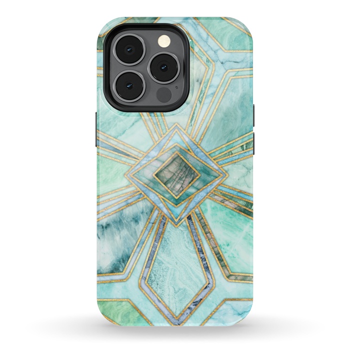 iPhone 13 pro StrongFit Geometric Gilded Stone Tiles in Mint and Jade Green by Micklyn Le Feuvre