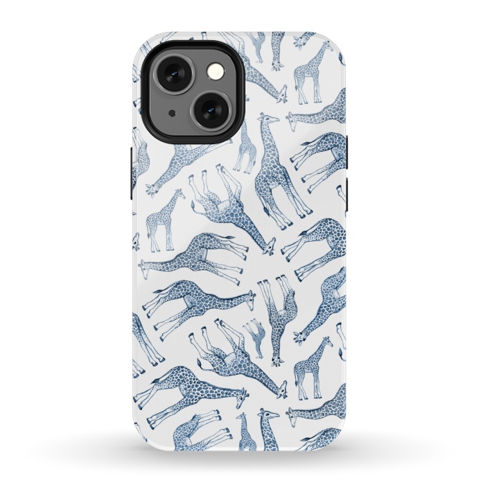 iPhone 13 mini StrongFit Little Giraffes in Monochrome Blue and White by Micklyn Le Feuvre