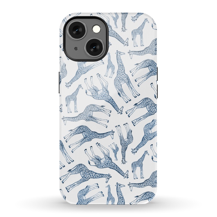 iPhone 13 StrongFit Little Giraffes in Monochrome Blue and White by Micklyn Le Feuvre
