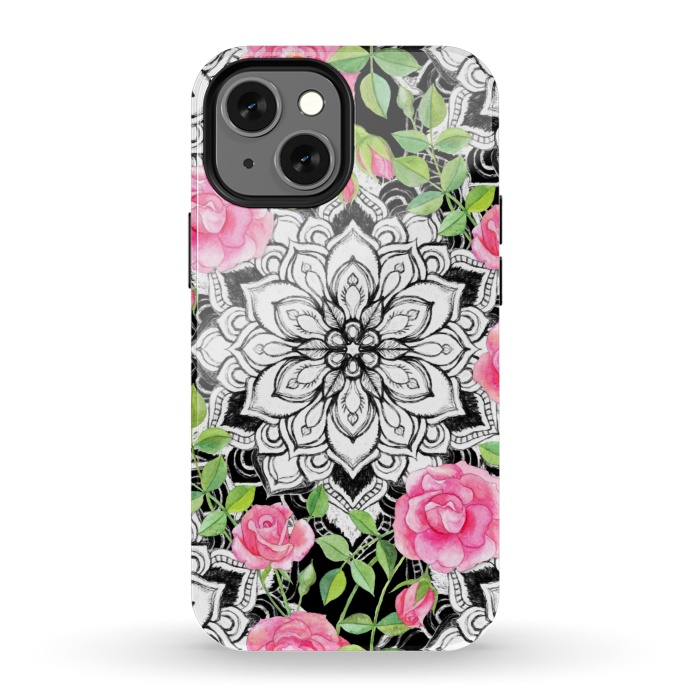 iPhone 13 mini StrongFit Peach Pink Roses and Mandalas on Black and White Lace by Micklyn Le Feuvre