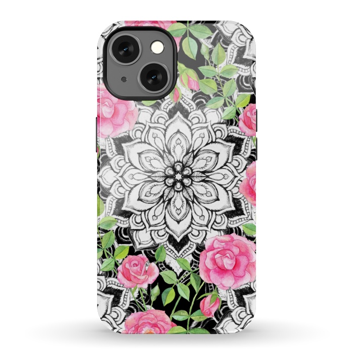 iPhone 13 StrongFit Peach Pink Roses and Mandalas on Black and White Lace by Micklyn Le Feuvre