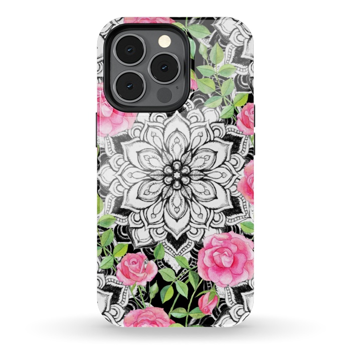 iPhone 13 pro StrongFit Peach Pink Roses and Mandalas on Black and White Lace by Micklyn Le Feuvre