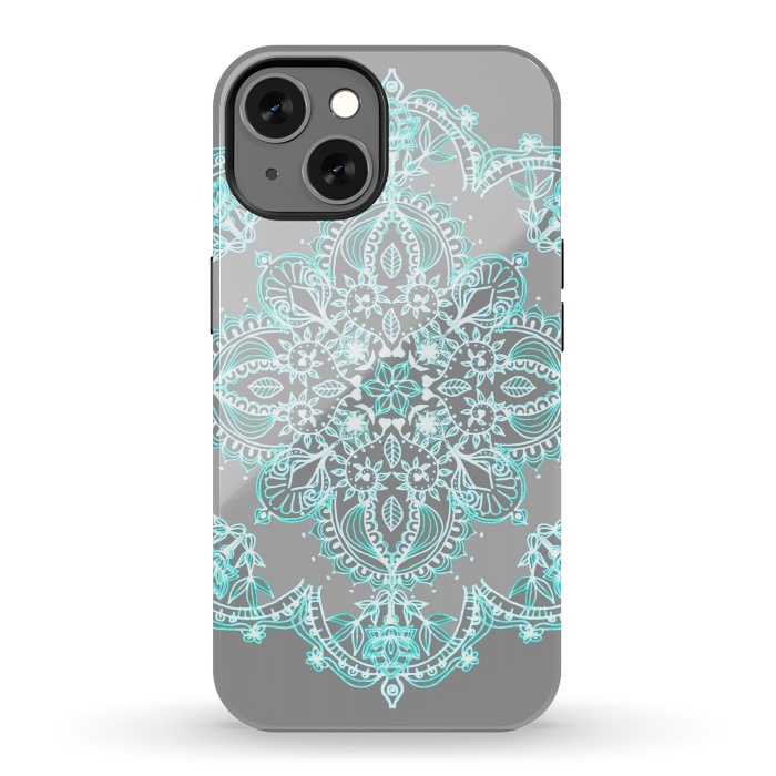 iPhone 13 StrongFit Teal and Aqua Lace Mandala on Grey  by Micklyn Le Feuvre