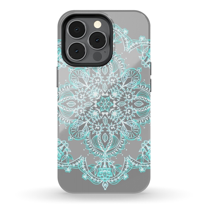 iPhone 13 pro StrongFit Teal and Aqua Lace Mandala on Grey  by Micklyn Le Feuvre