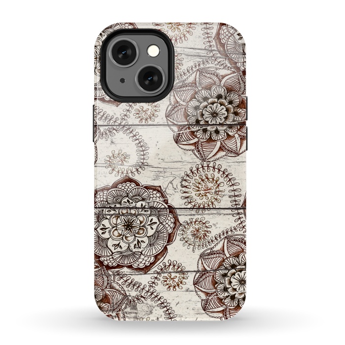iPhone 13 mini StrongFit Coffee & Cocoa - brown & cream floral doodles on wood by Micklyn Le Feuvre