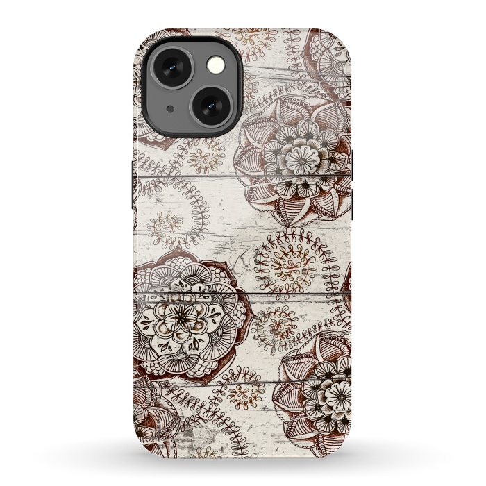 iPhone 13 StrongFit Coffee & Cocoa - brown & cream floral doodles on wood by Micklyn Le Feuvre