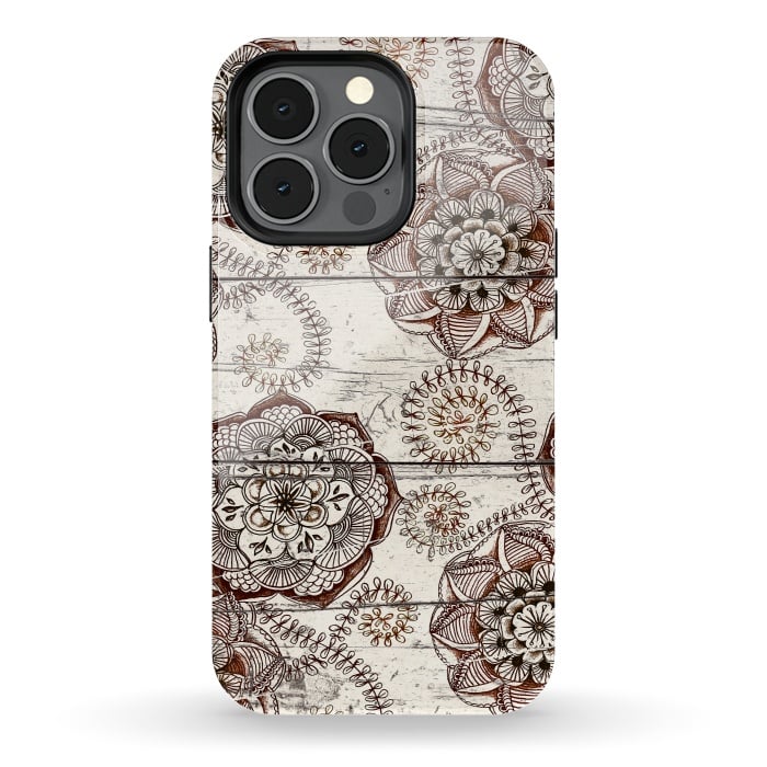 iPhone 13 pro StrongFit Coffee & Cocoa - brown & cream floral doodles on wood by Micklyn Le Feuvre