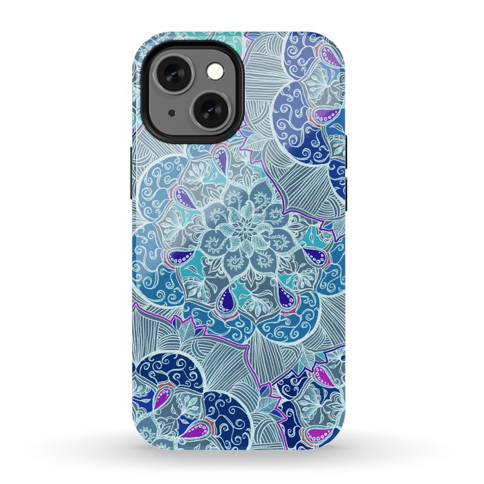 iPhone 13 mini StrongFit Fresh Doodle in Teal Blue, Purple and Grey by Micklyn Le Feuvre