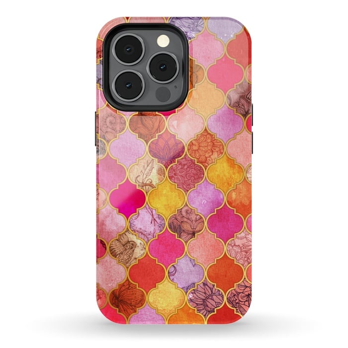 iPhone 13 pro StrongFit Hot Pink, Gold, Tangerine & Taupe Decorative Moroccan Tile Pattern by Micklyn Le Feuvre