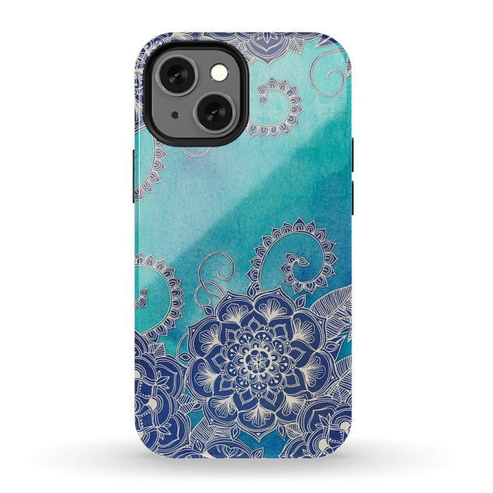 iPhone 13 mini StrongFit Mermaid's Garden - Navy & Teal Floral on Watercolor by Micklyn Le Feuvre