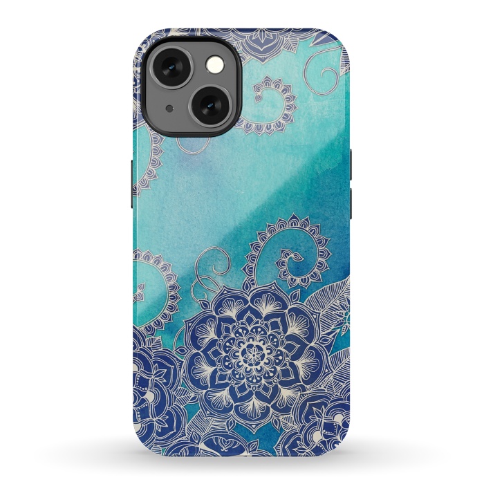 iPhone 13 StrongFit Mermaid's Garden - Navy & Teal Floral on Watercolor by Micklyn Le Feuvre