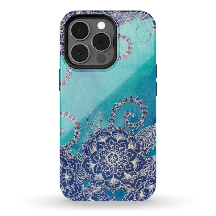 iPhone 13 pro StrongFit Mermaid's Garden - Navy & Teal Floral on Watercolor by Micklyn Le Feuvre