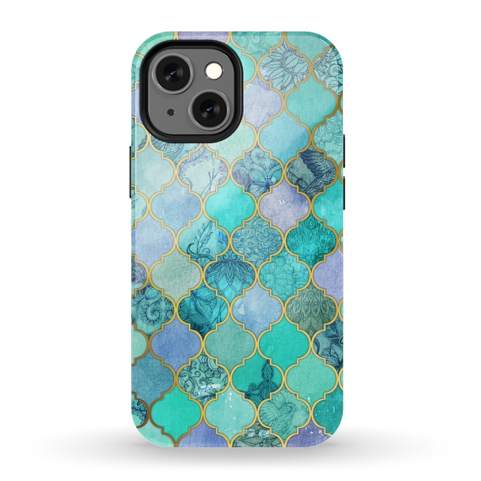 iPhone 13 mini StrongFit Cool Jade Icy Mint Decorative Moroccan Tile Pattern by Micklyn Le Feuvre