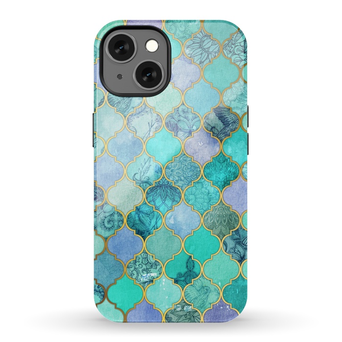 iPhone 13 StrongFit Cool Jade Icy Mint Decorative Moroccan Tile Pattern by Micklyn Le Feuvre