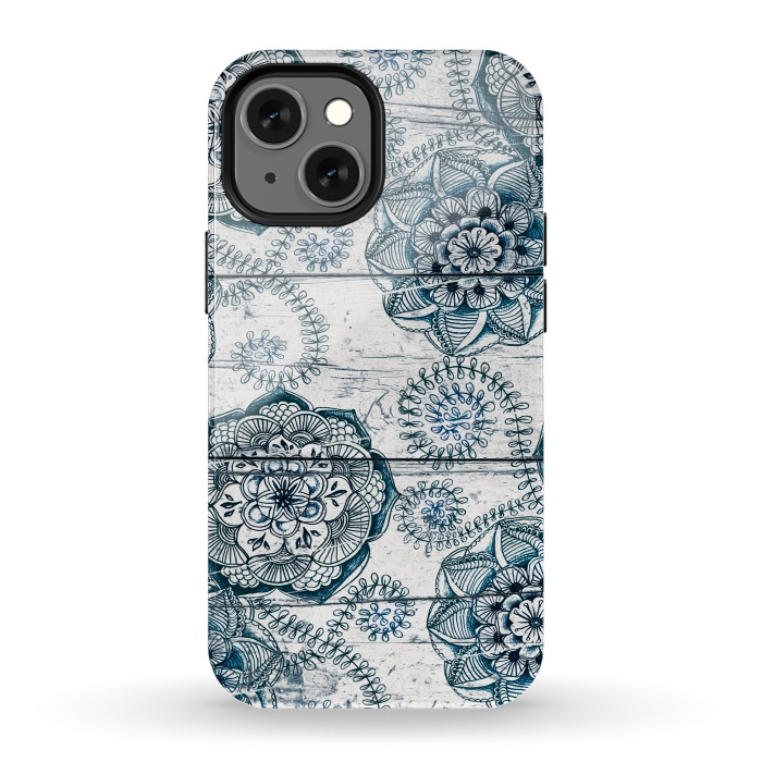 iPhone 13 mini StrongFit Navy Blue Floral Doodles on Wood by Micklyn Le Feuvre