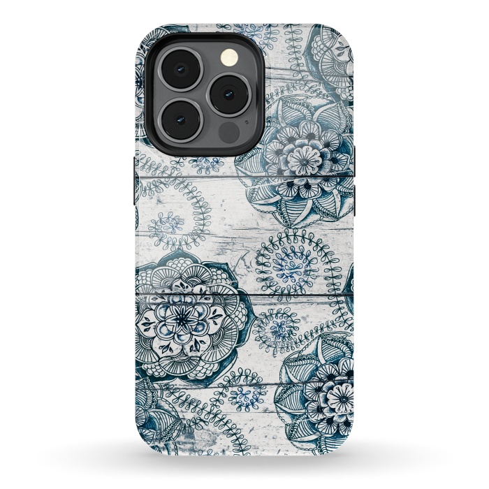 iPhone 13 pro StrongFit Navy Blue Floral Doodles on Wood by Micklyn Le Feuvre