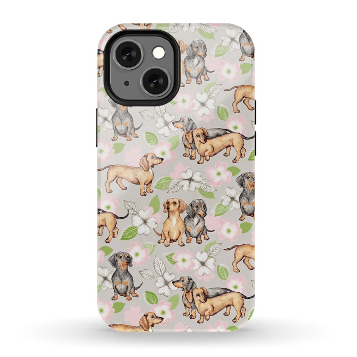 iPhone 13 mini StrongFit Dachshunds and dogwood blossoms by Micklyn Le Feuvre